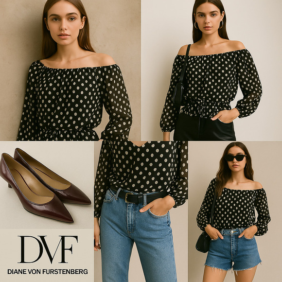 DVF Silk Off Shoulder Polka Dot Blouse | French Girl Summer | Vacation Look  NEW - Picture 2 of 16